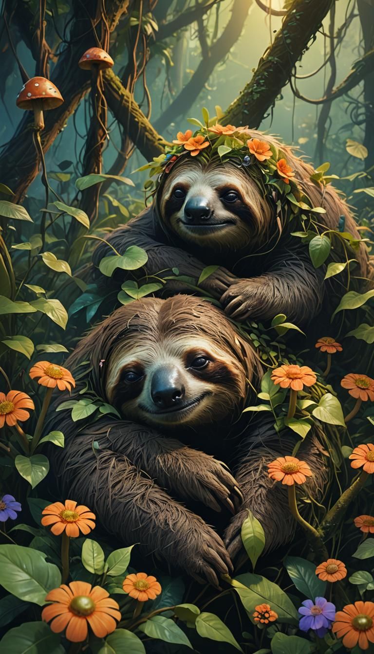 Sleeping Sloth Queen in Bioluminescent Jungle