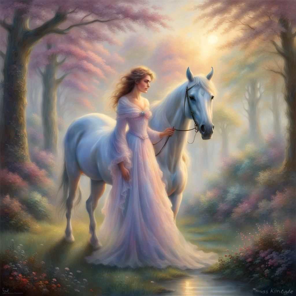 Ethereal Woman with Horse in Dreamlike Landscape