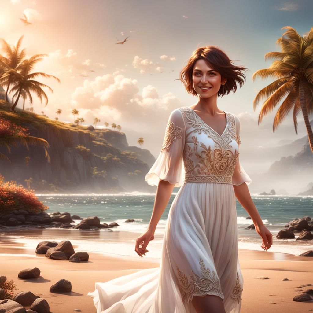 Girl in White Dress on Beach: Matte Painting