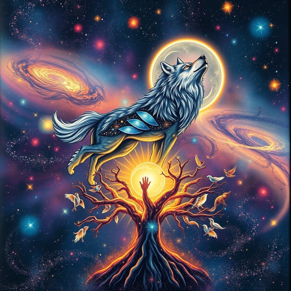 Wolf Spirit Animal Surrounded by Celestial Spirit Animals in...