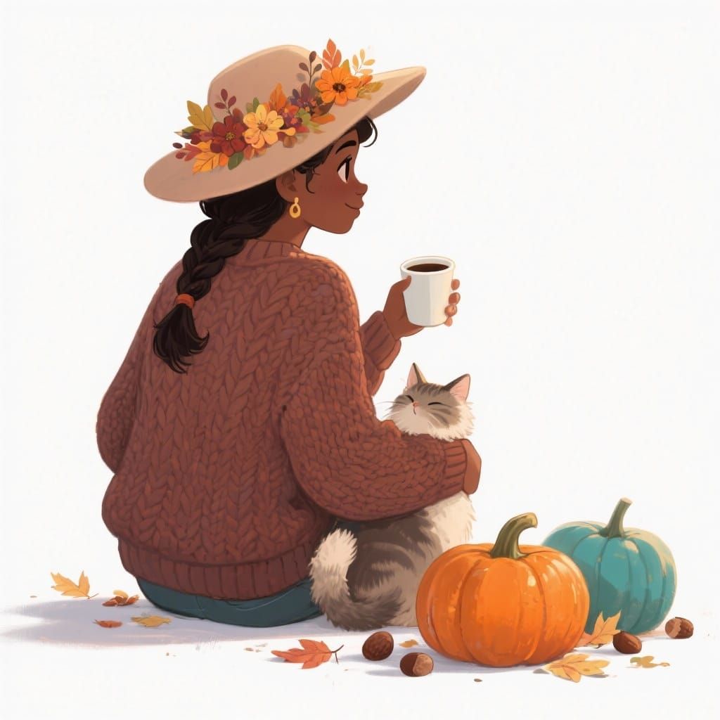 Autumn Portrait of Woman with Cat and Coffee