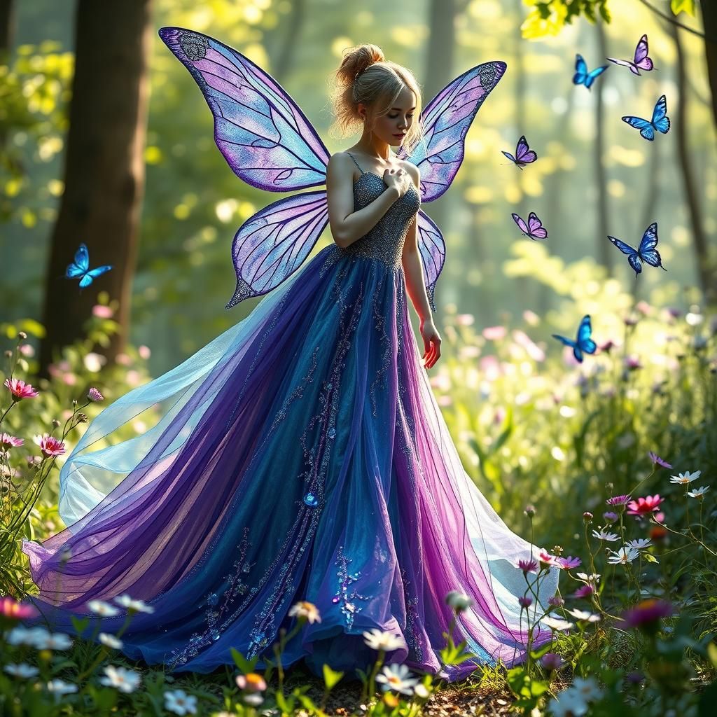 Glitter shimmer sequin diamanté sparkle detail. Make the overall image sparkle.  Very shiny. A full length fairy, in hue...