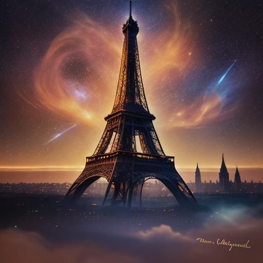 Eiffel Tower in Dreamy Starry Night Sky