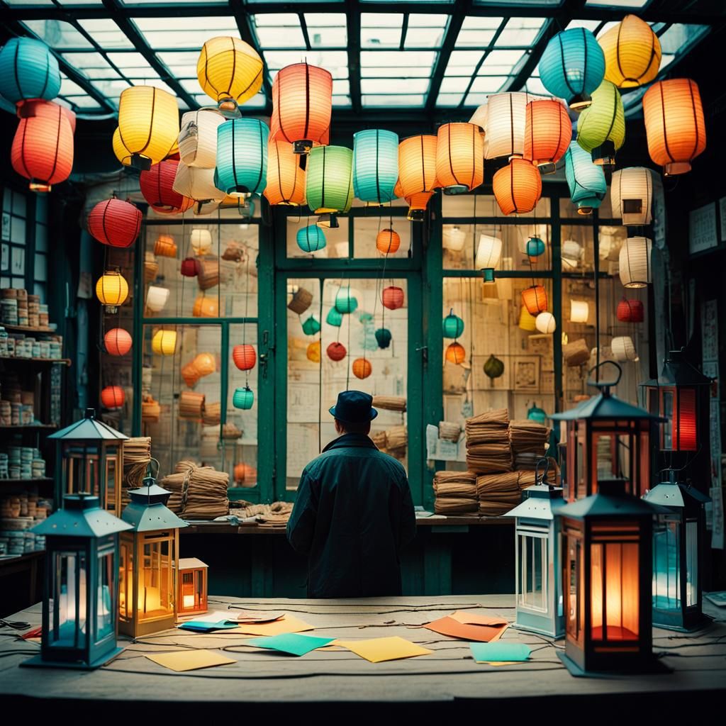 Cinematic Lantern Artist in a Surrealist Shop