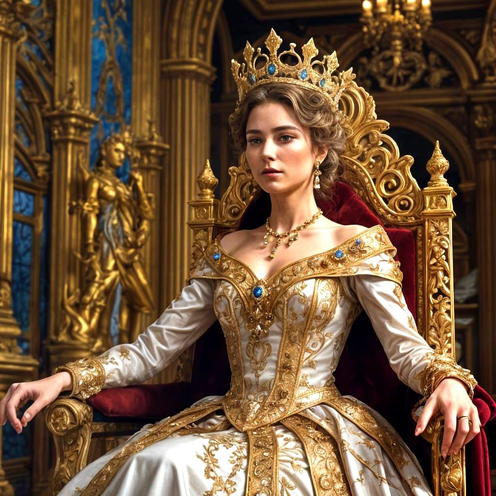 Regal Queen Exudes Wisdom and Strength in Grand Palace Hall