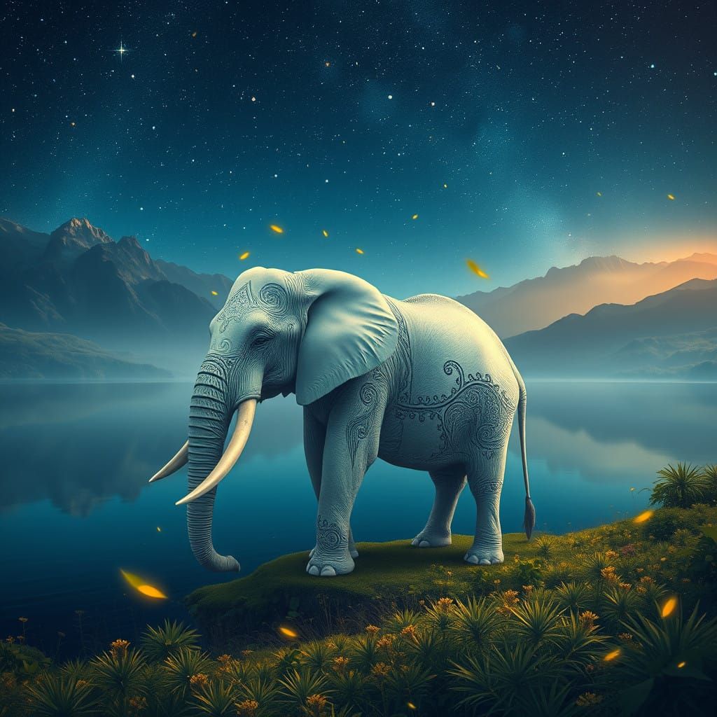 Ethereal White Elephant Under Starry Night Sky