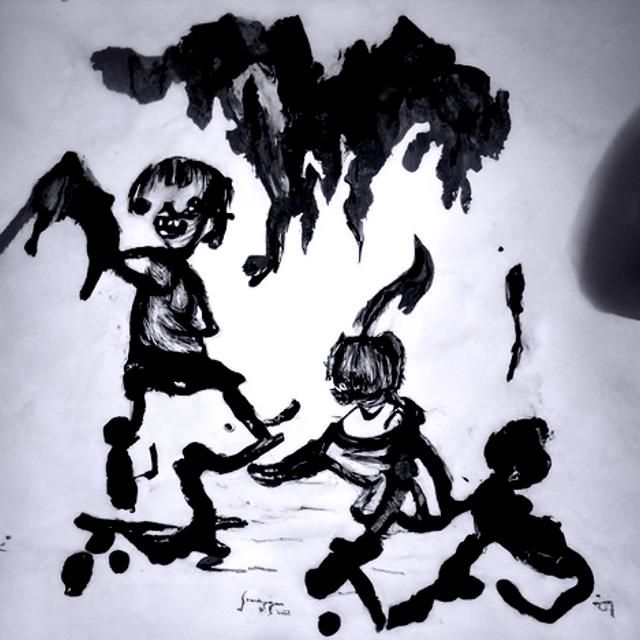 Children Playing Tag in Hell: Ink Drawing