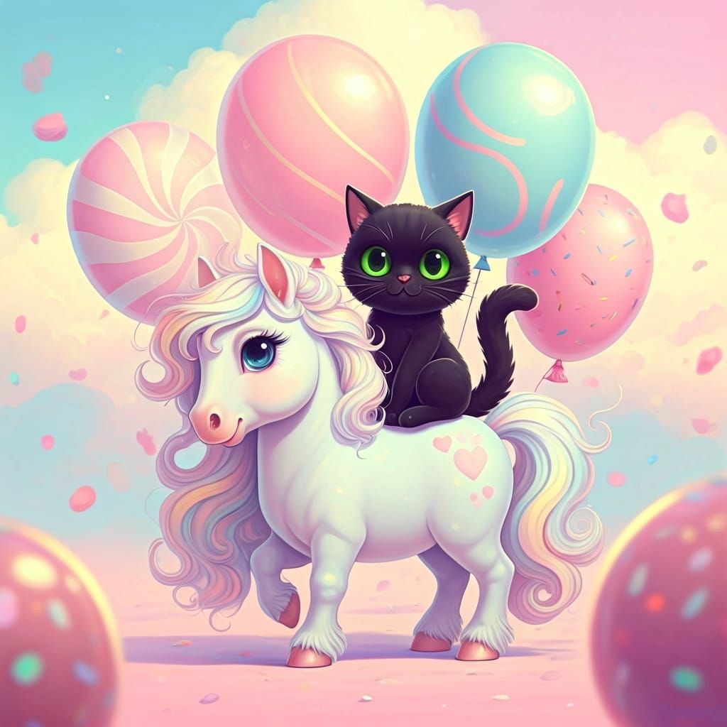 Opalescent Horse and Cat in Kawaii Style