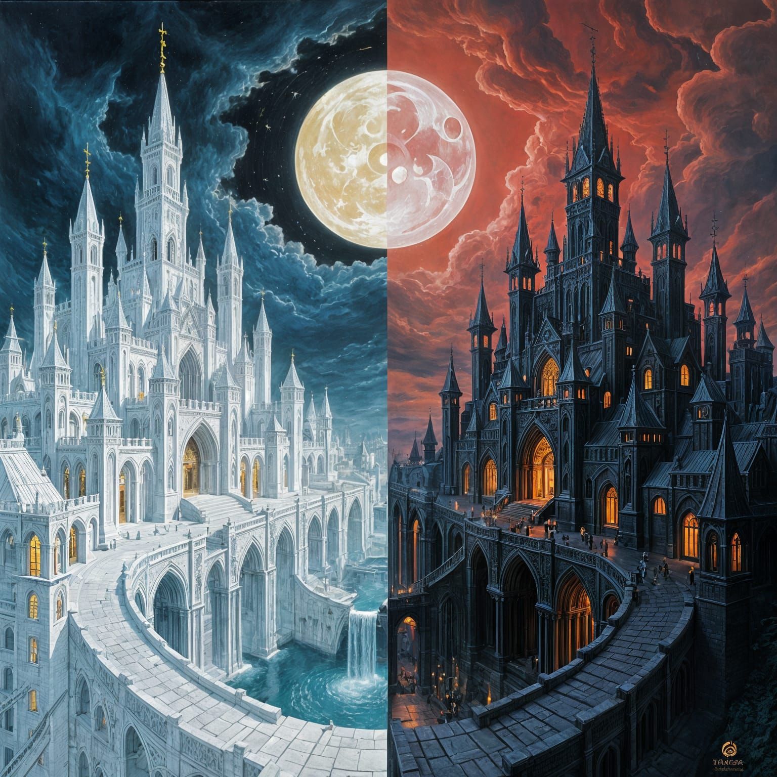 Yin-Yang Medieval Cities in Impasto Oil Painting