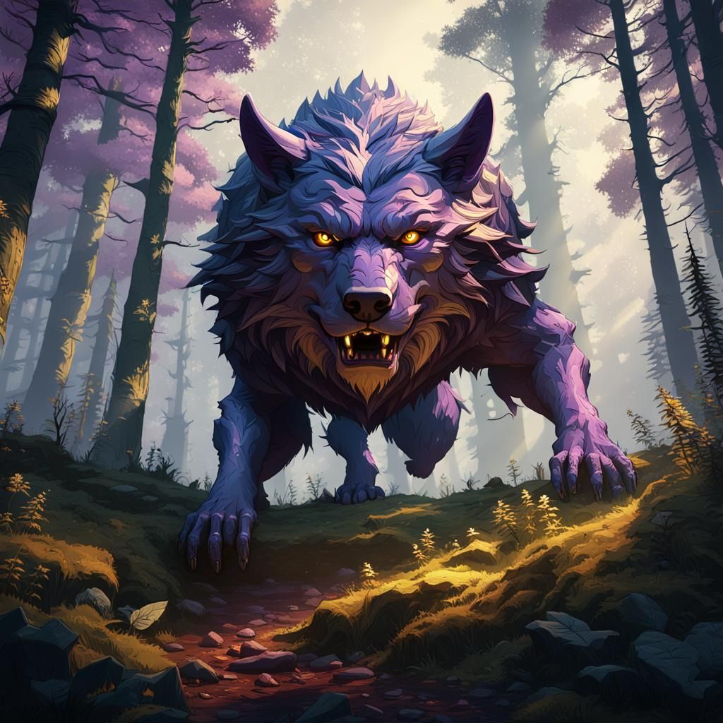 Surreal Dark Fantasy Wolf in Mystic Forest