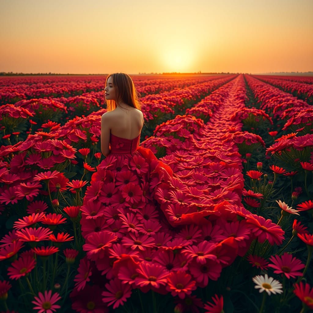 Ethereal Red Daisies in a Dreamy Landscape