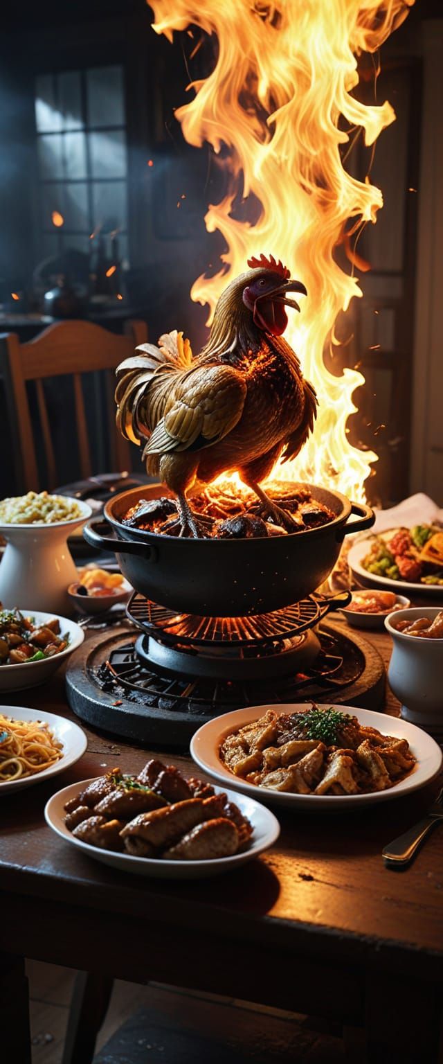 Surreal Still Life of Burning Chicken in a Fantasy Horror Sc...