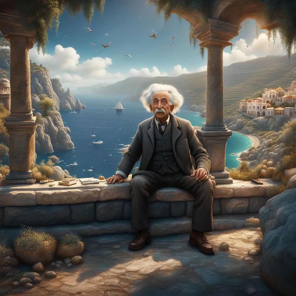 Einstein Enjoying Greek Island Life: Digital Art