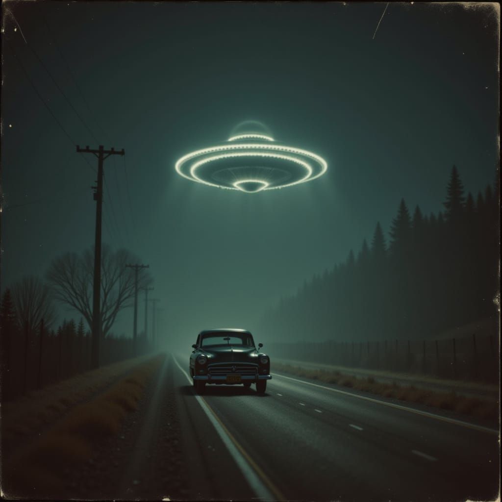 Vintage Car on Dark Road with UFO at Night