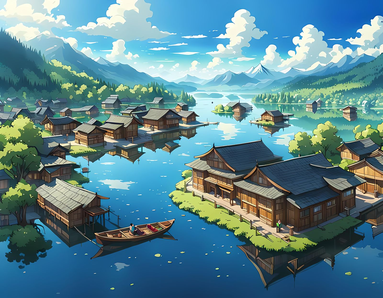 Floating Wooden Town on Lake: Anime Key Visual