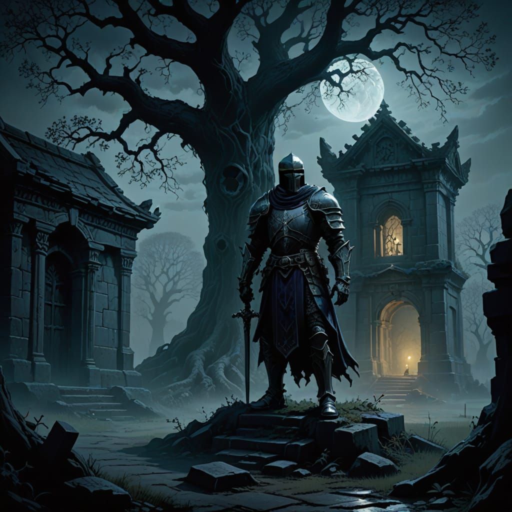 Spectral Knight Guards Ruined Mausoleum in Chiaroscuro
