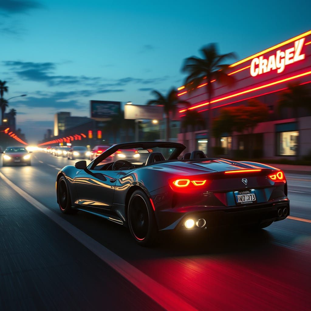 Cabriolet on Santa Monica Boulevard in Synthwave Style