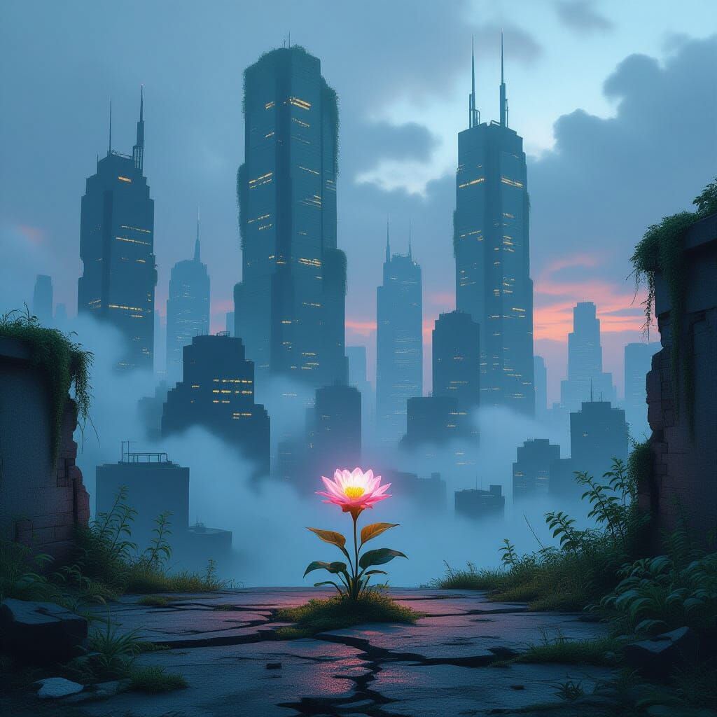 Overgrown Futuristic Cityscape at Dusk with Bioluminescent F...