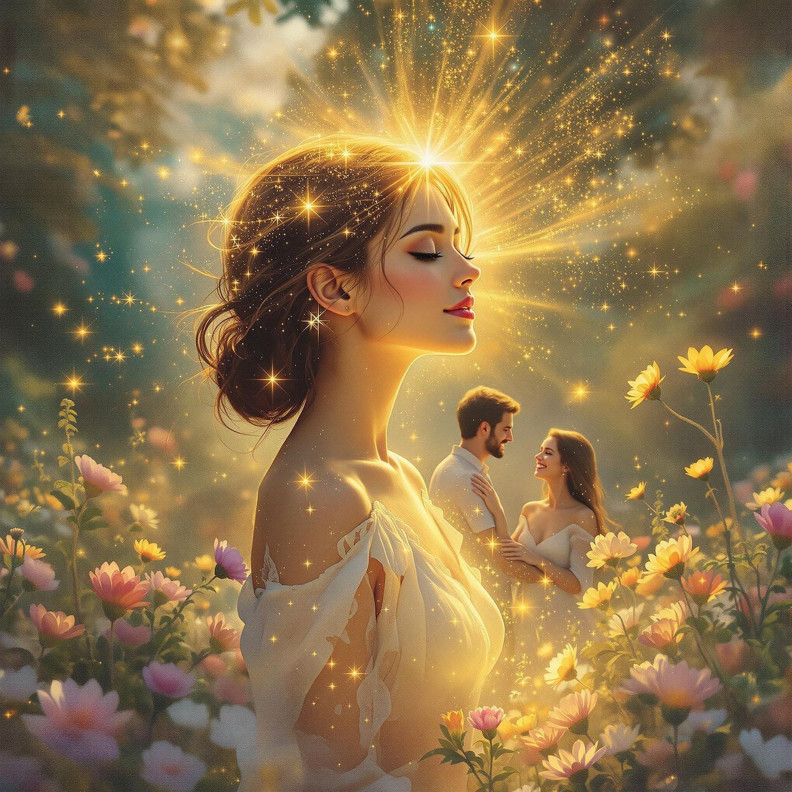 Radiant Woman Surrounded by Golden Aura in Peaceful Blooming...