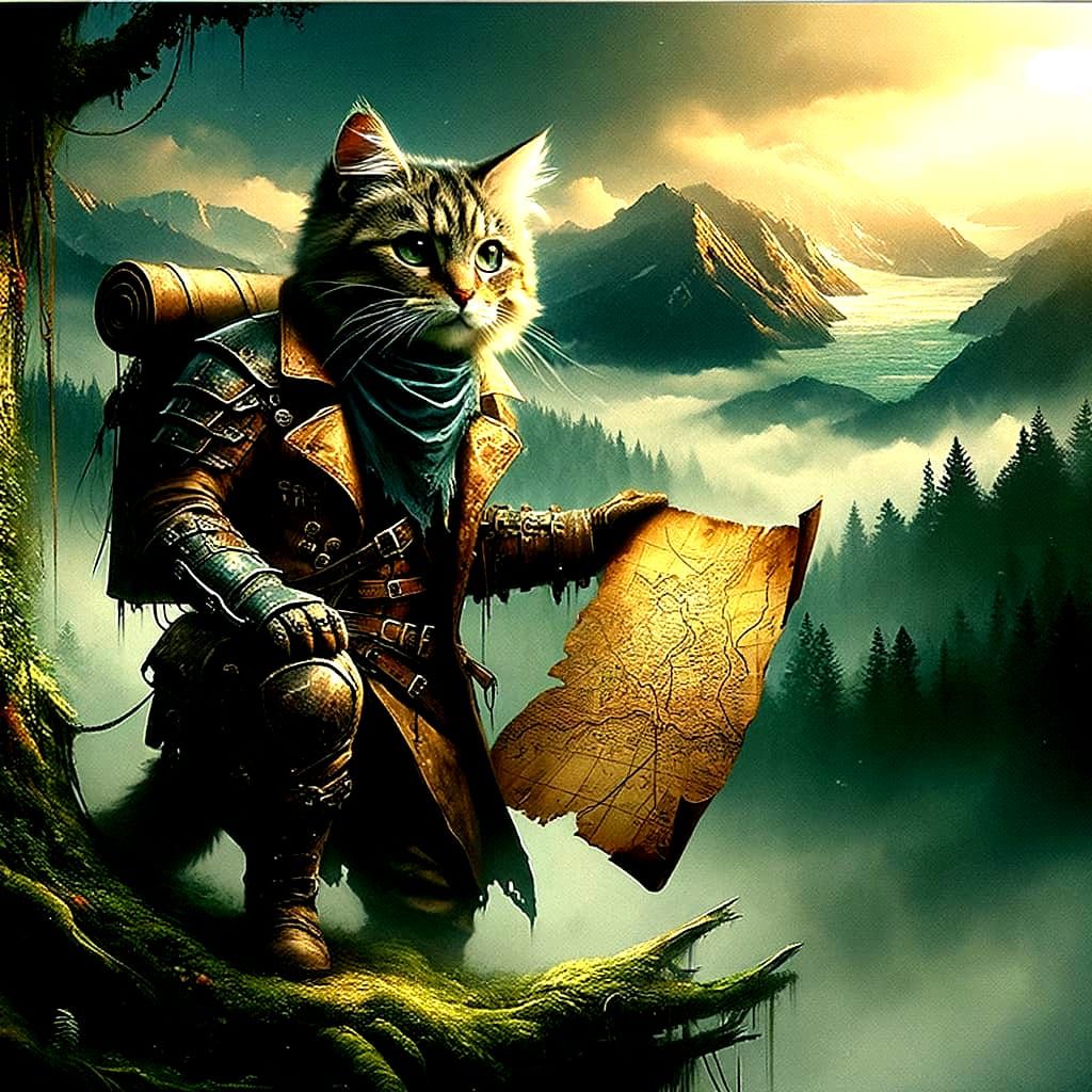 An anthropomorphic cat traveler, clad in worn leather armor ...