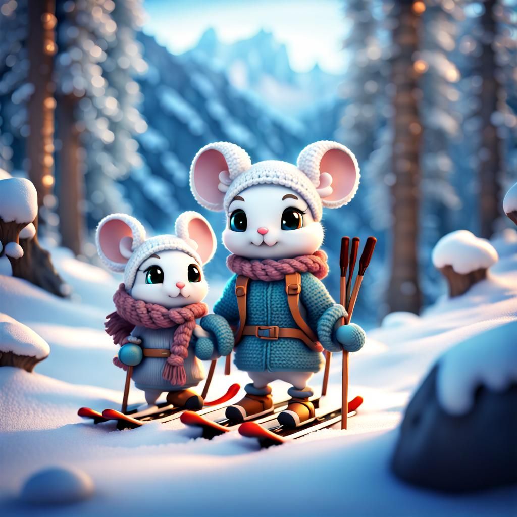 Chibi Snow Mice Skiing in Crochet Style