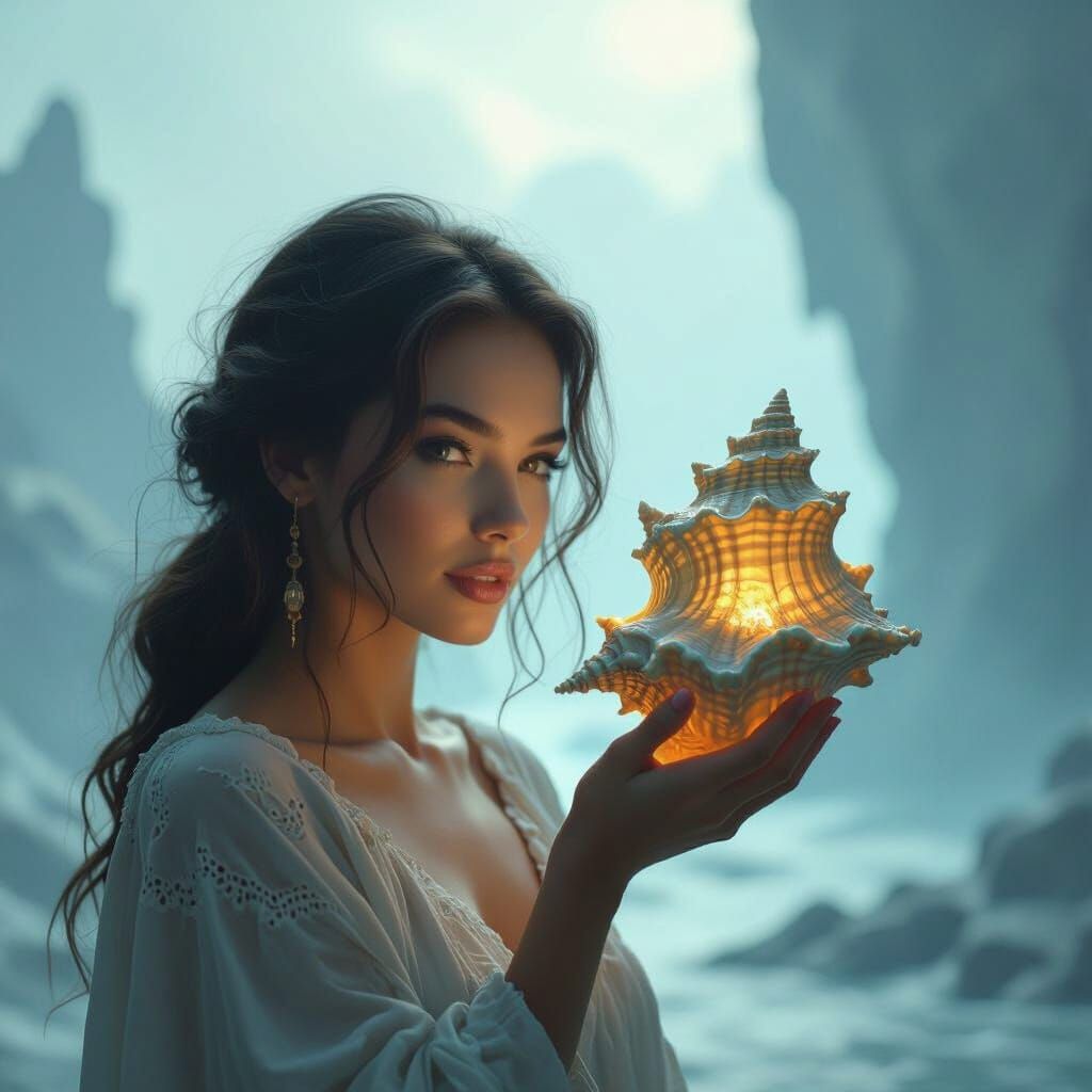 Woman Holds Conch Shell with Nightmare Reality