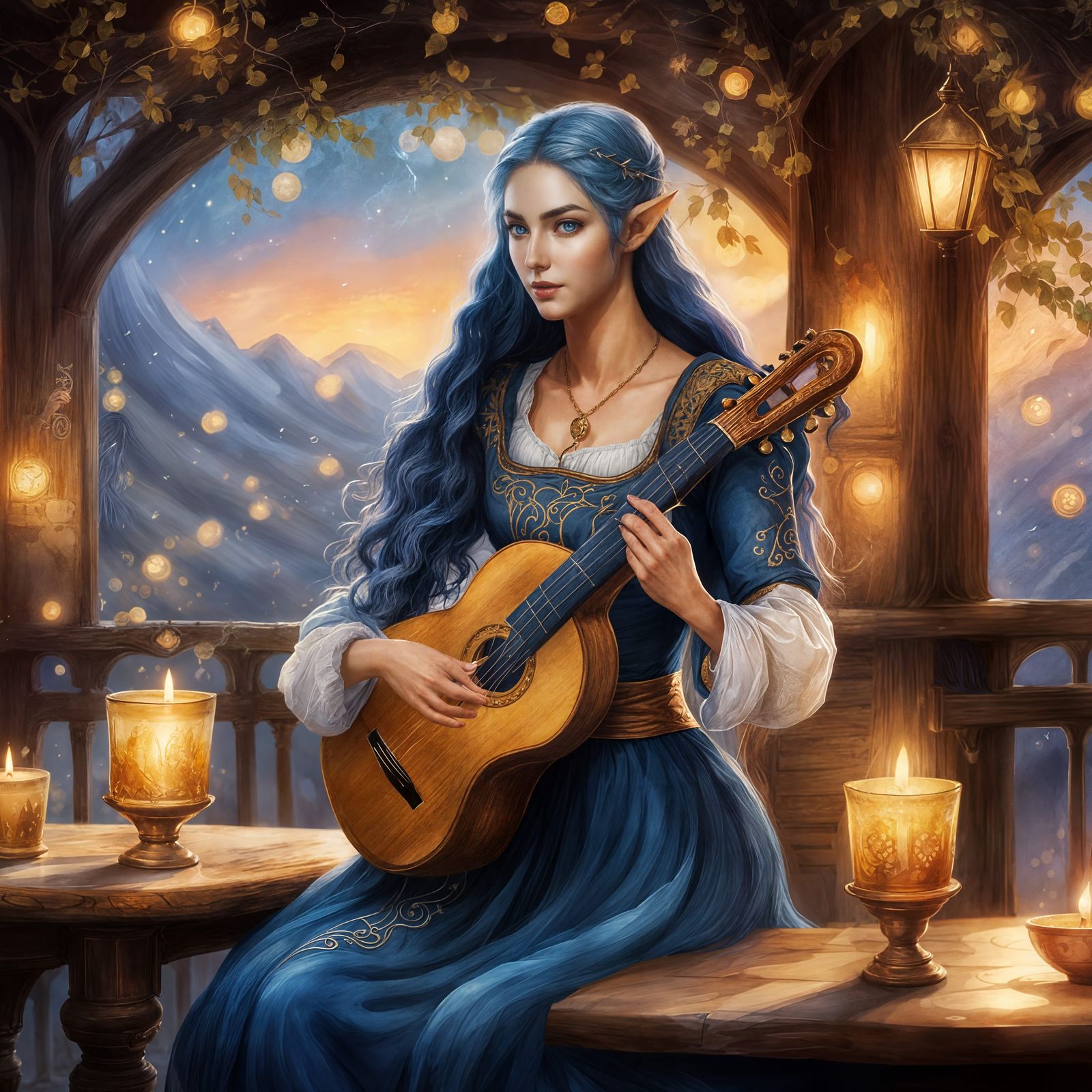 Beautiful Blue Elf Lute Player in Tavern