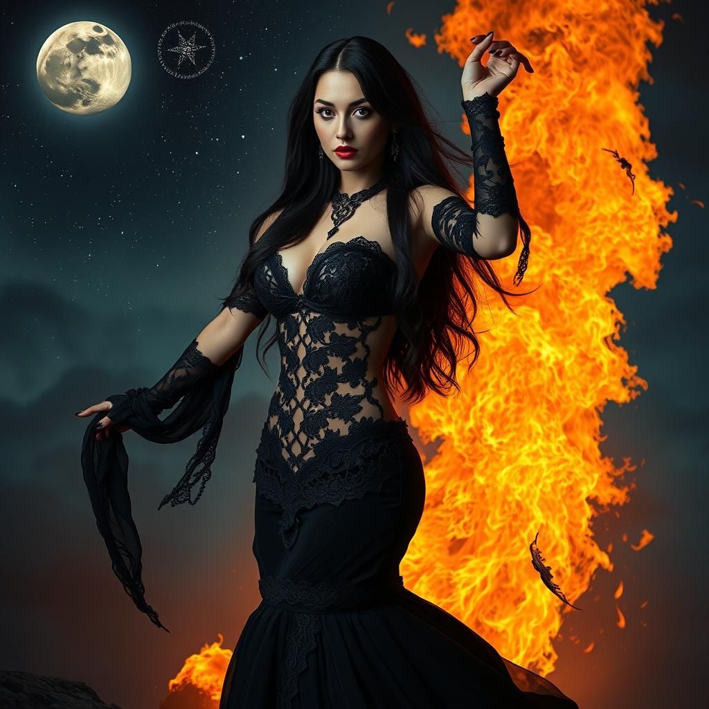 Gothic Belly Dancer With Fire and Night Sky