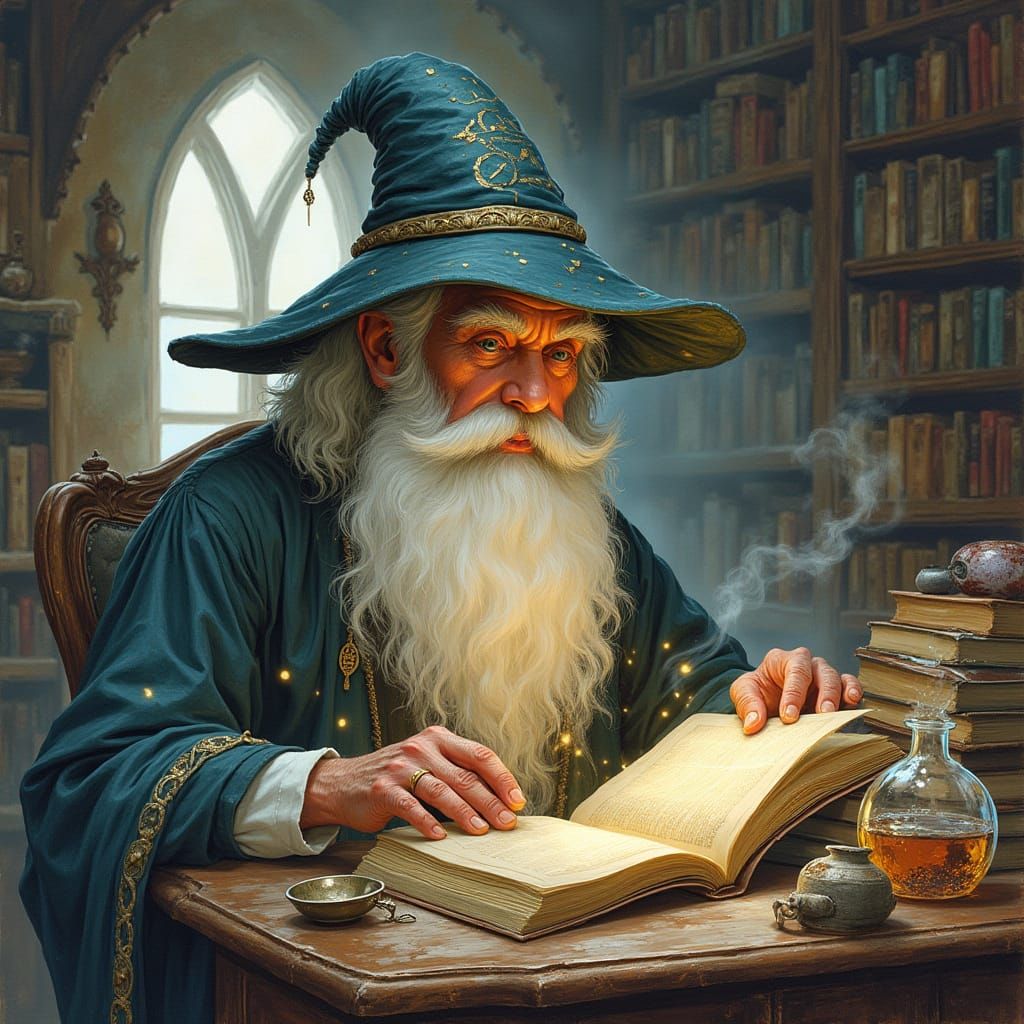 Wizard in Study: Watercolor Art Nouveau Style