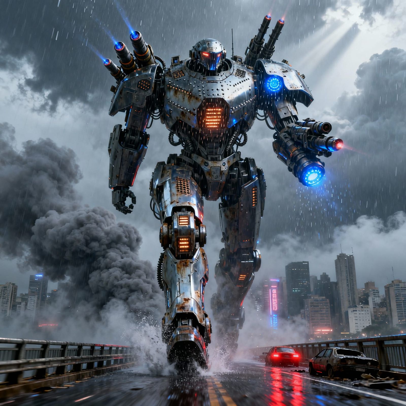 Colossal Mecha on São Paulo Bridge in Sci-Fi Style
