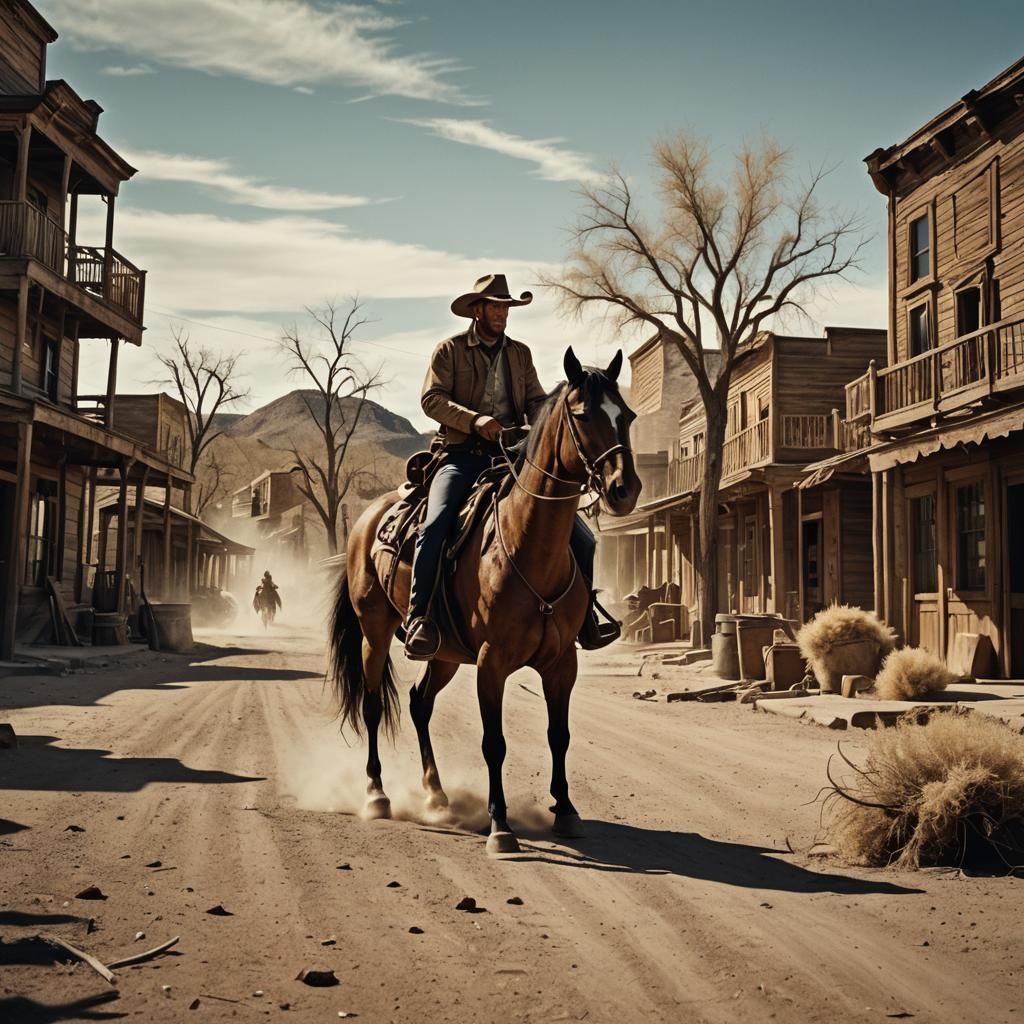 Wild West Cowboy in Ghost Town: Cinematic Film Still