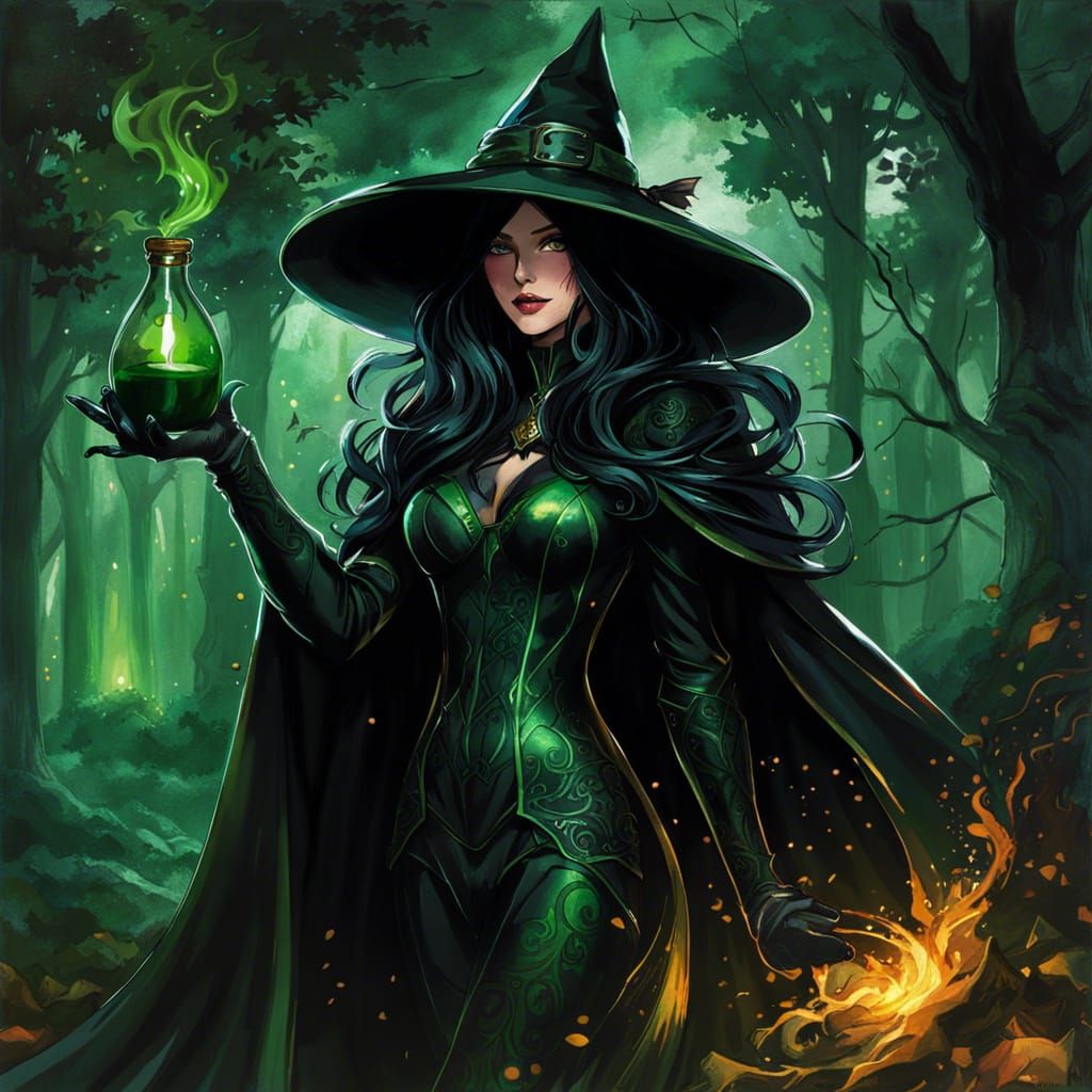 Potions Witch in Dark Forest with Green Potion