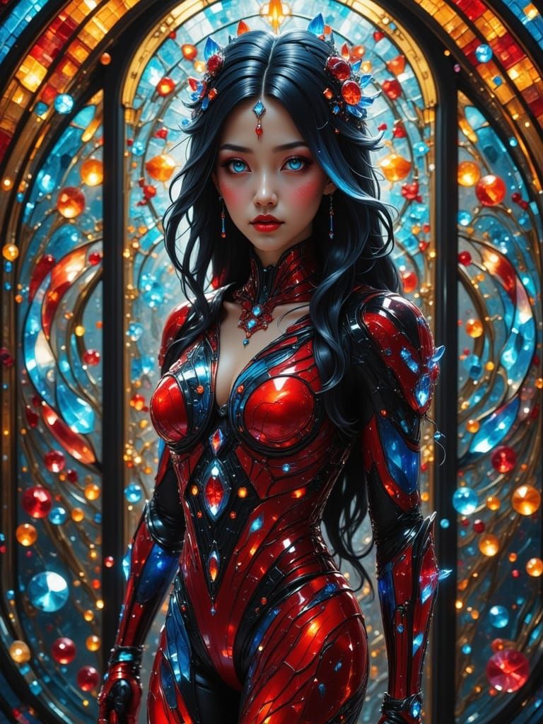 Cyberpunk Asian Woman in Stained Glass Setting