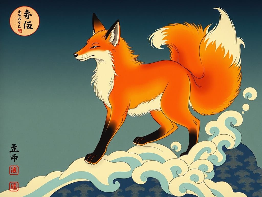 Nine-Tailed Fox: Kitsune in Ukiyo-e Style