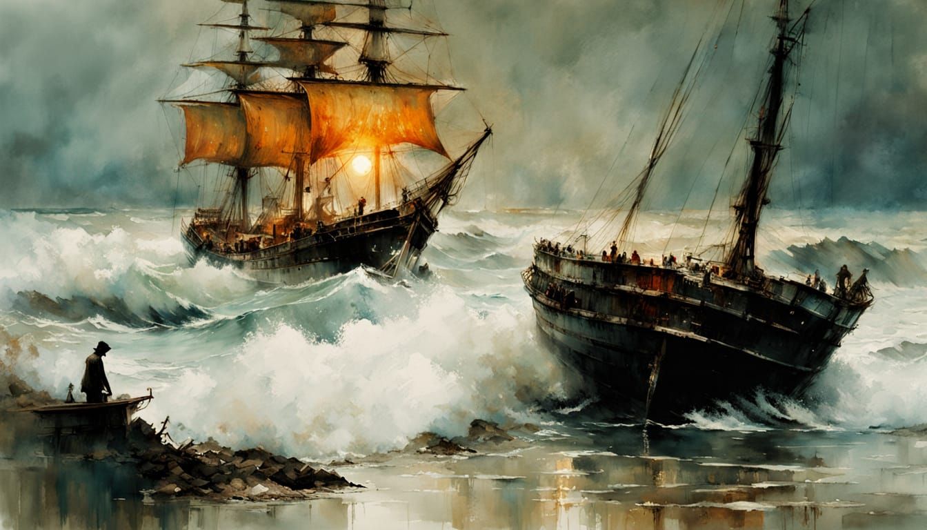 Fleet of Ships in Textured Moonlight Impasto Style