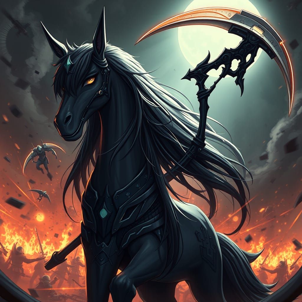 Gothic Anime Centaur Battle Maiden with Scythe