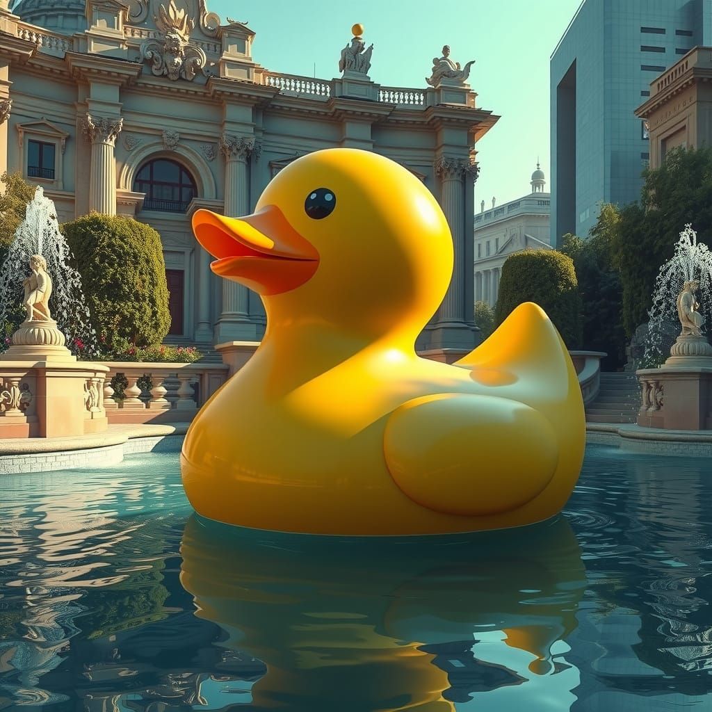 Surreal Futuristic Rubber Duck in Grand City Fountain