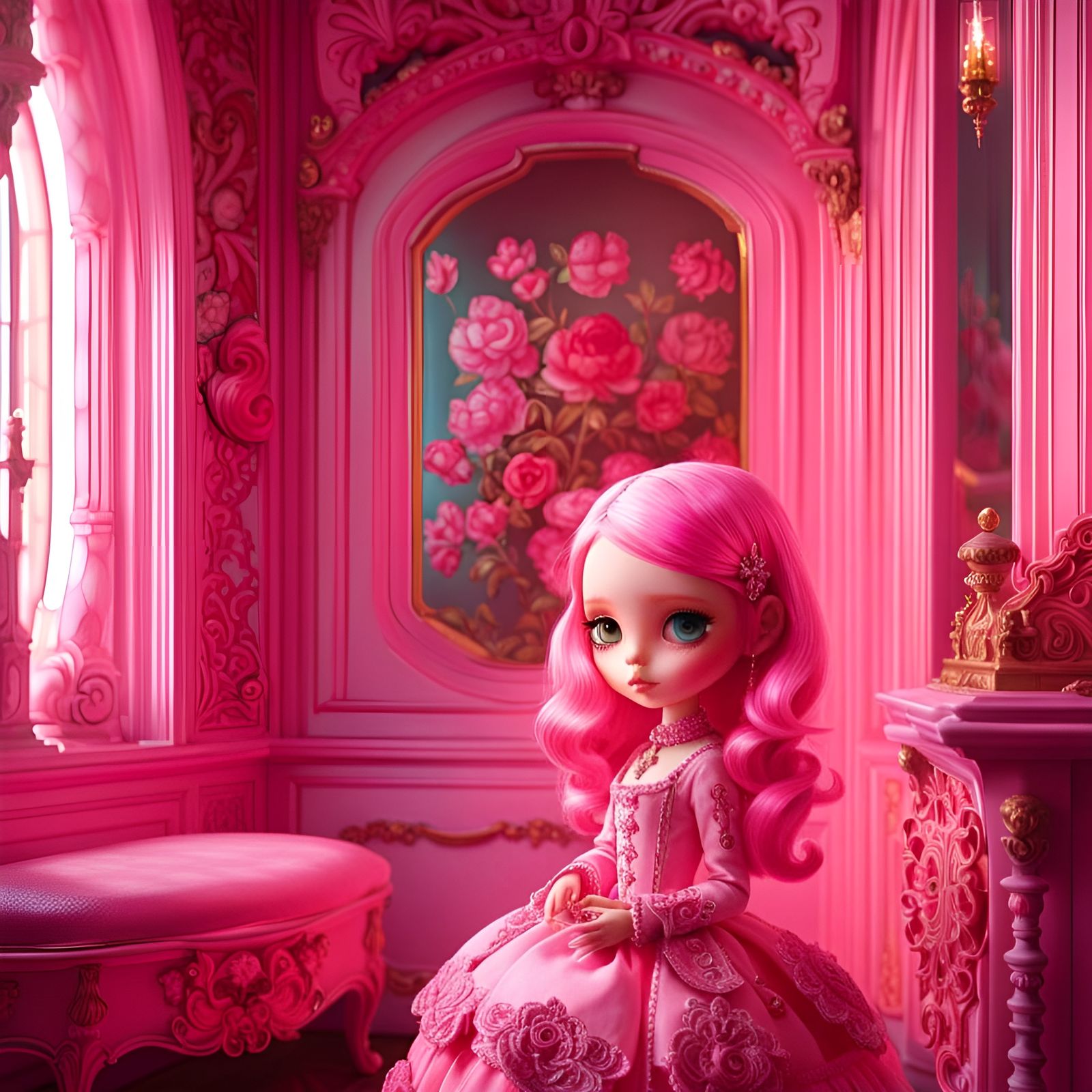 Cute Pink Doll in Rococo Room: Hyperdetailed Fantasy Art