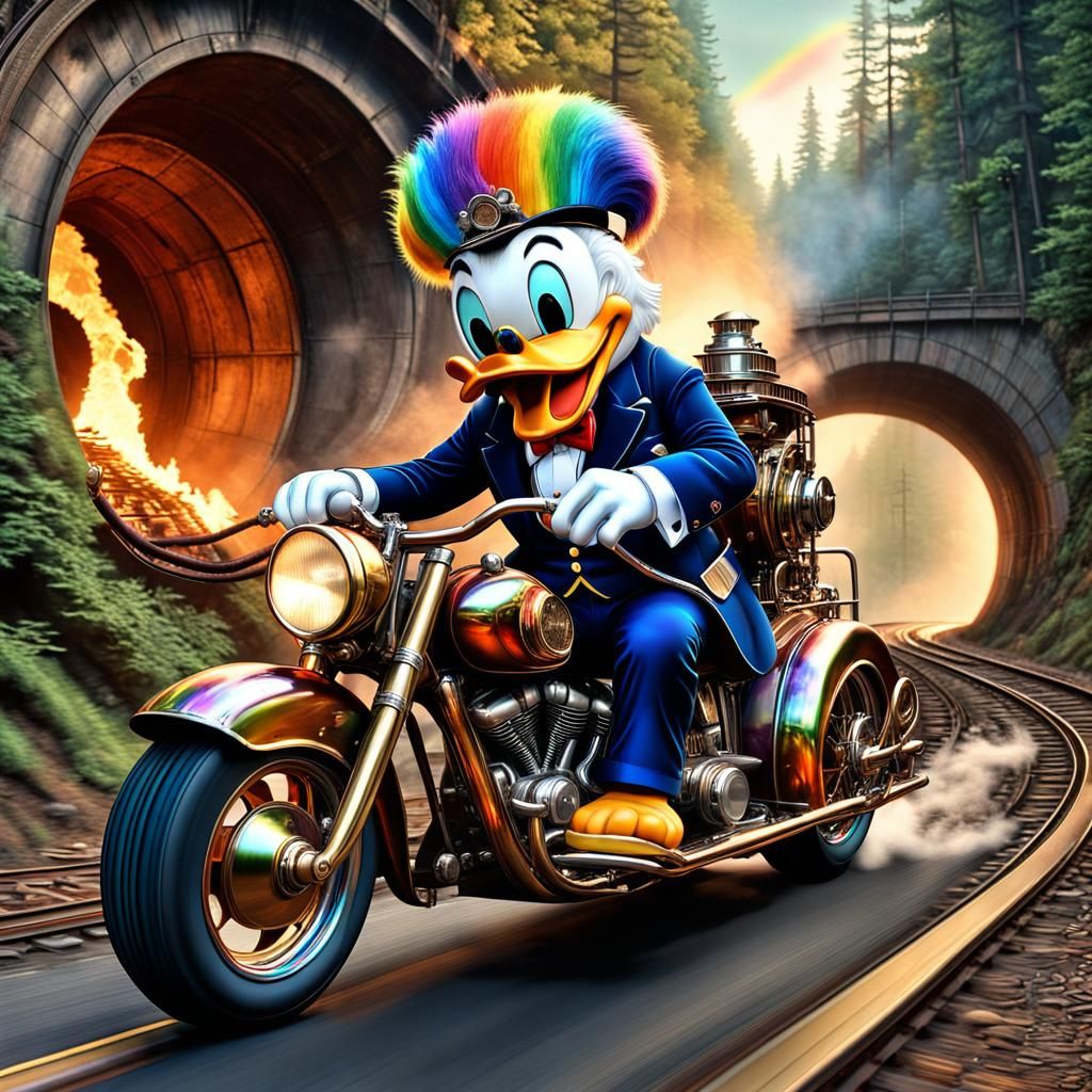 Old fat Donald Duck with rainbow snake hair riding steampunk...