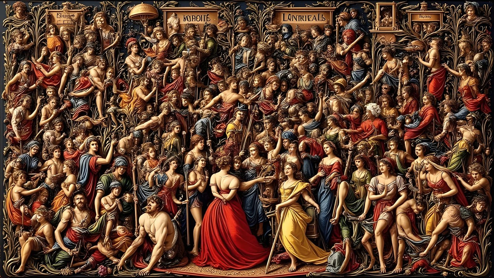 Strode's Followers Crowd Party in Ancient Tapestry Style