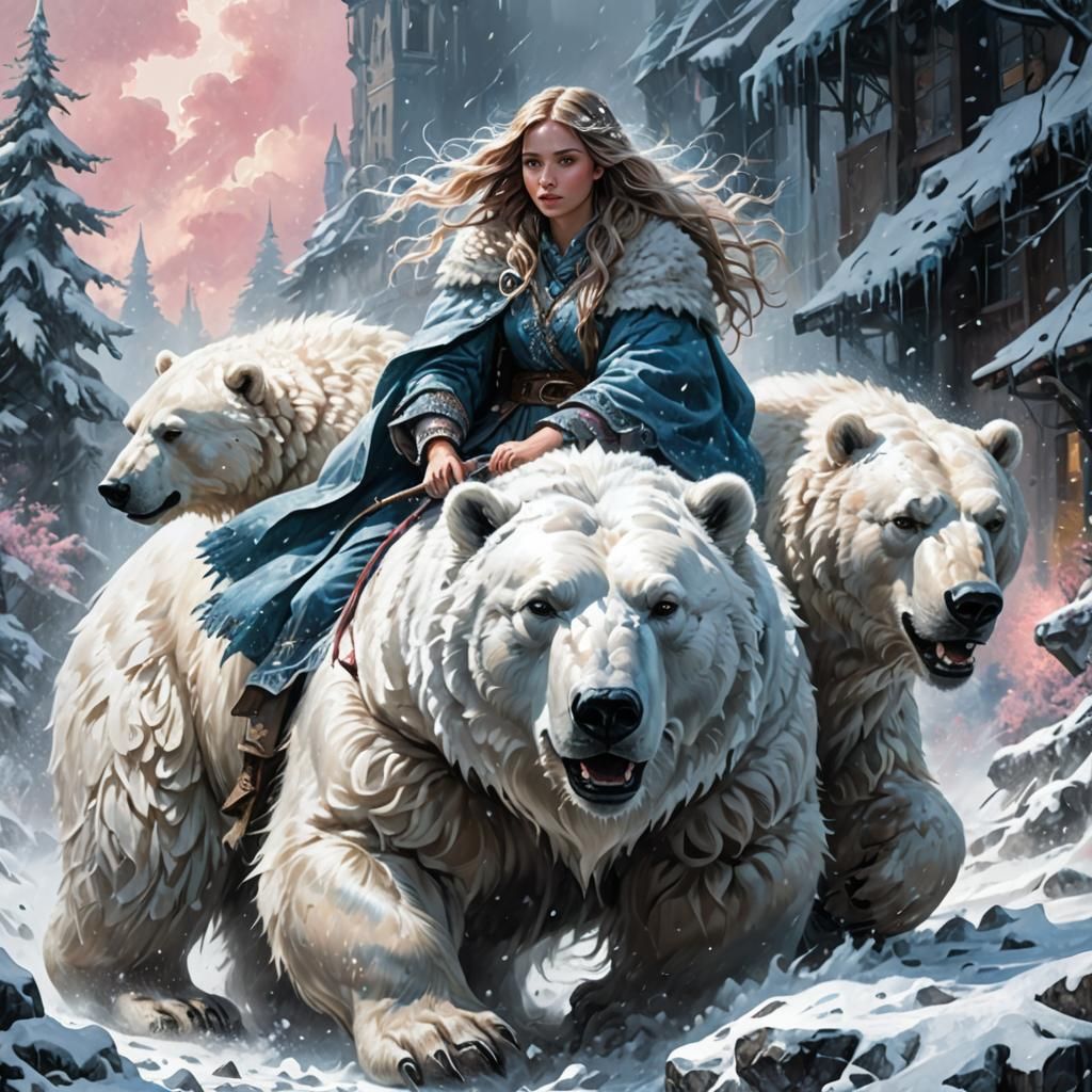 Fantasy Girl on Polar Bear in Snowstorm