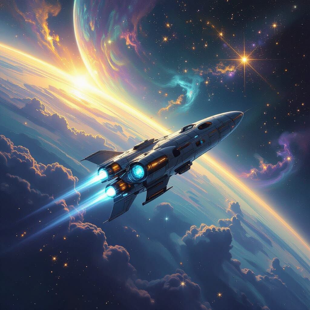 Spaceship Drifting Towards a Glowing Planet