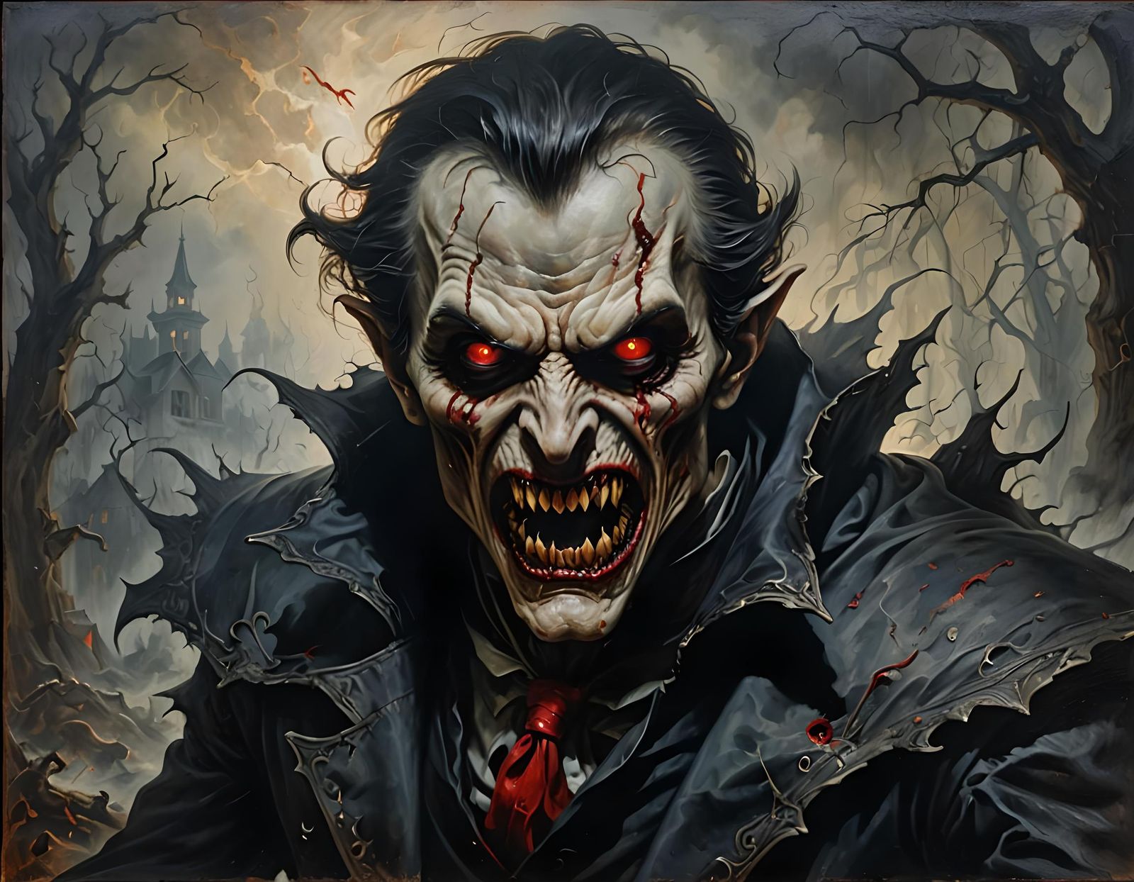 Terrifying Shadow Vampire in Ethereal Oil Painting