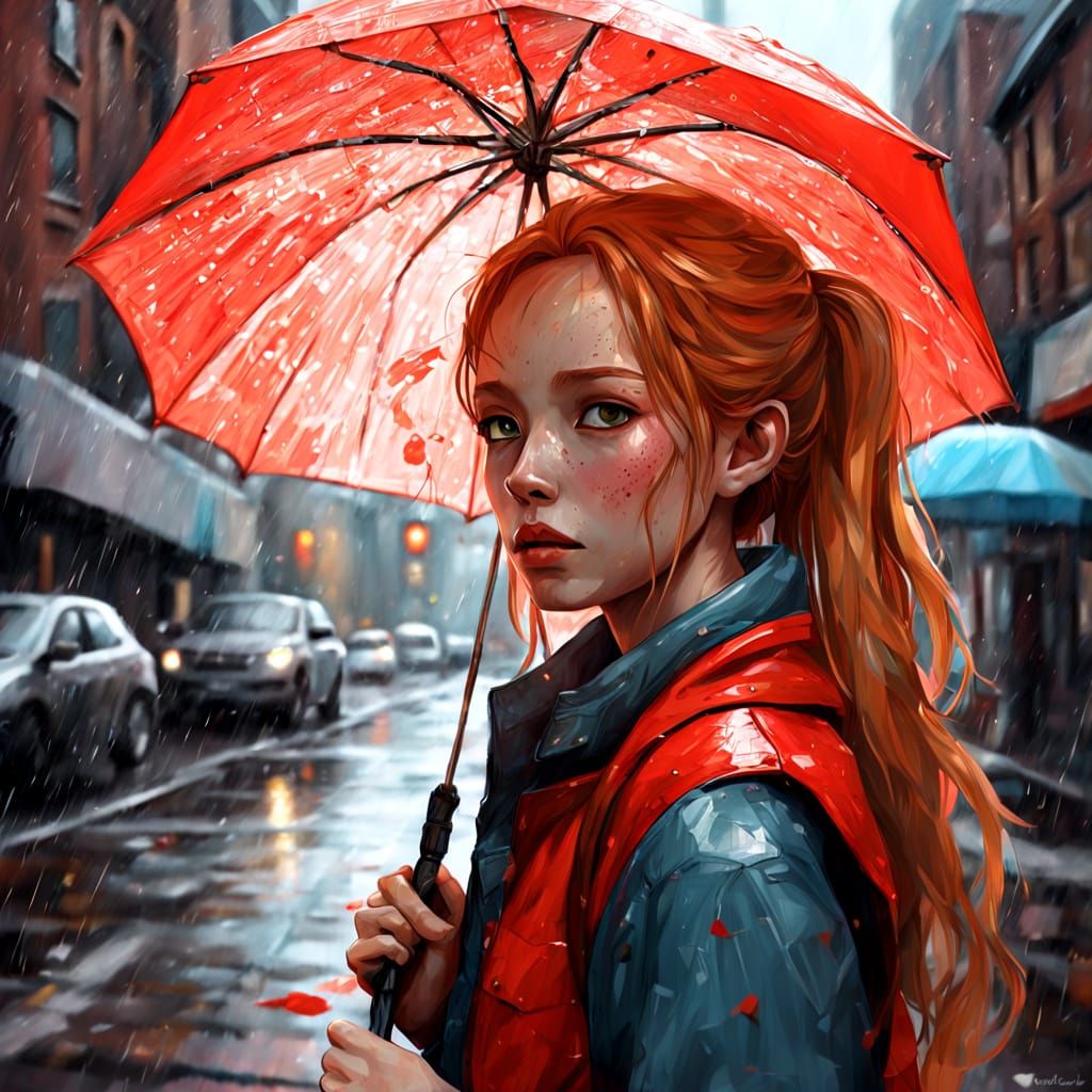 Woman Walks Under the Whimsical Rain of Red Bricks