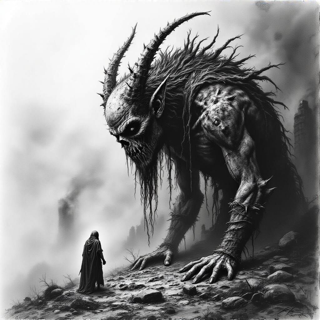 Grimdark Charcoal Drawing: Hyperdetailed Art