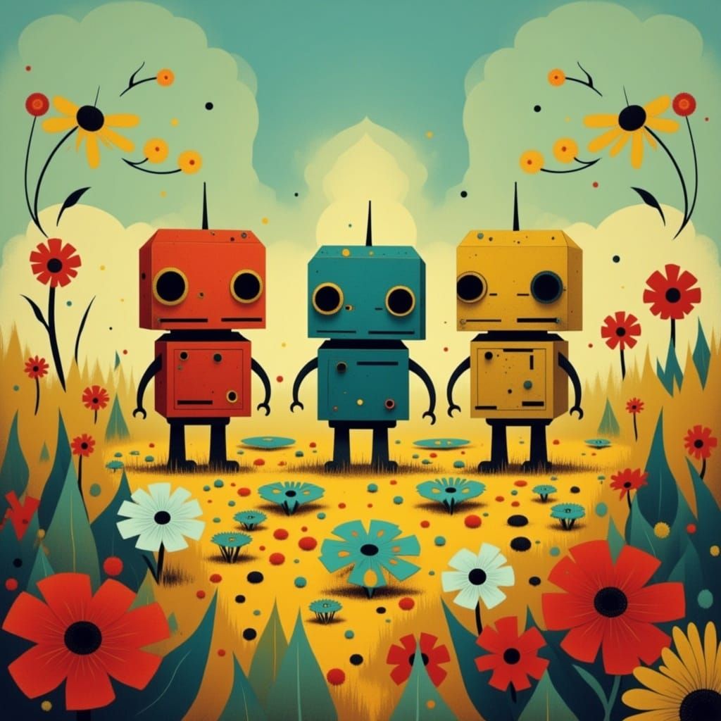 Vibrant Robots Bloom in Whimsical Garden Scene