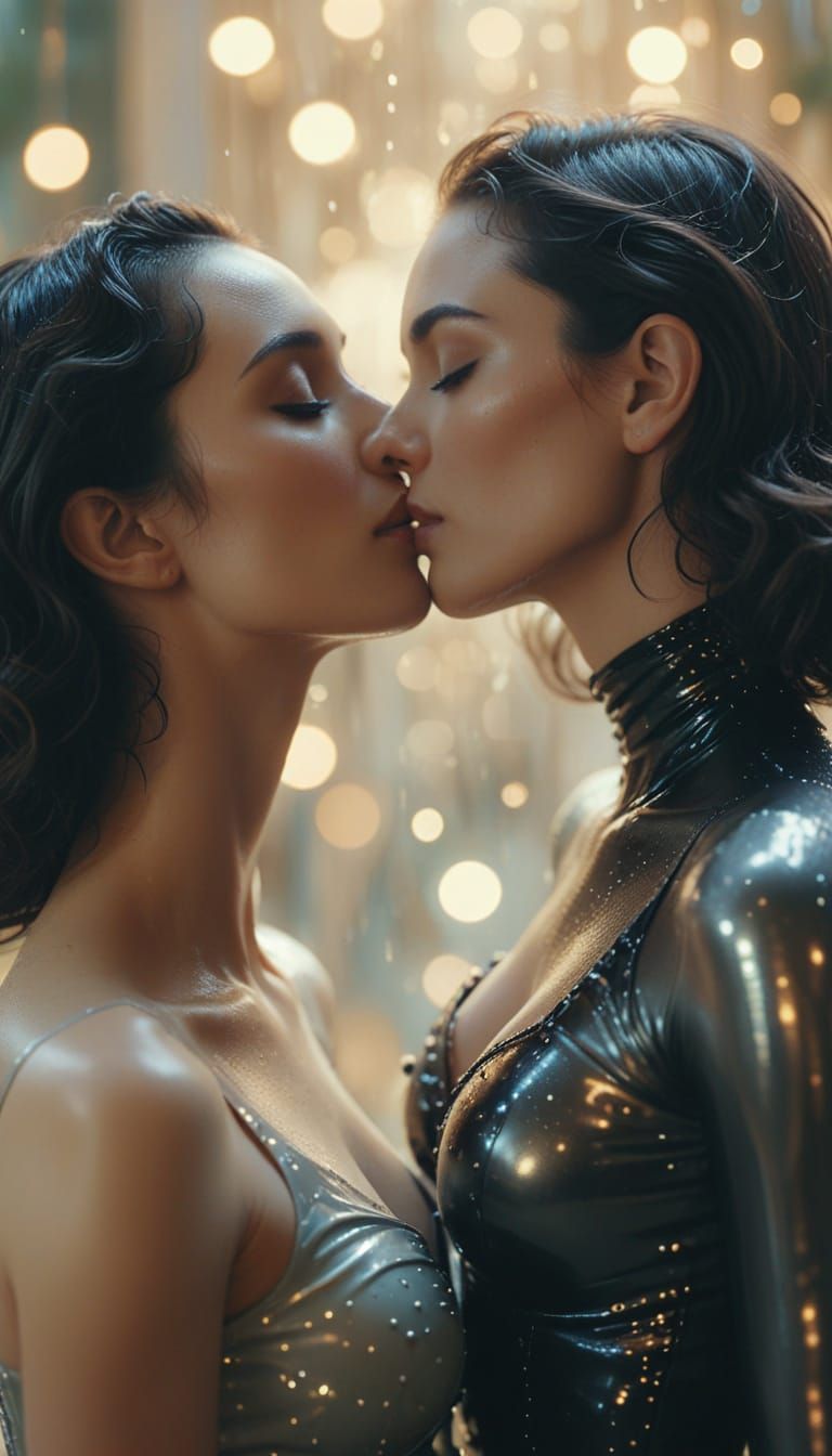 Ethereal Women Embracing in Latex, Soft Bokeh Background