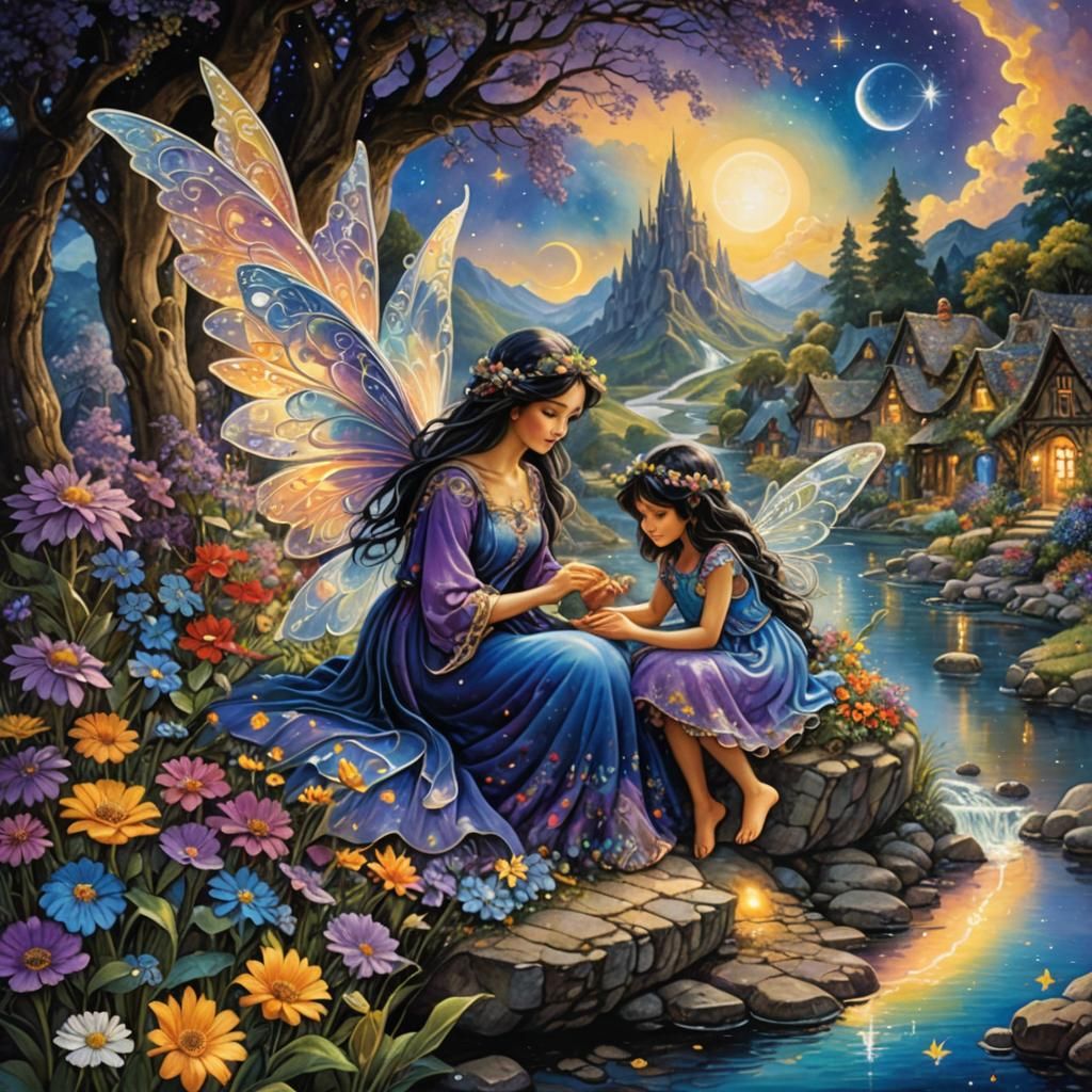Fairy Mother and Daughter in Celestial Landscape