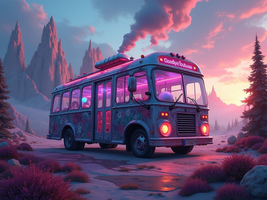 Mystical Bus in Dreamlike Landscape as Concept Art