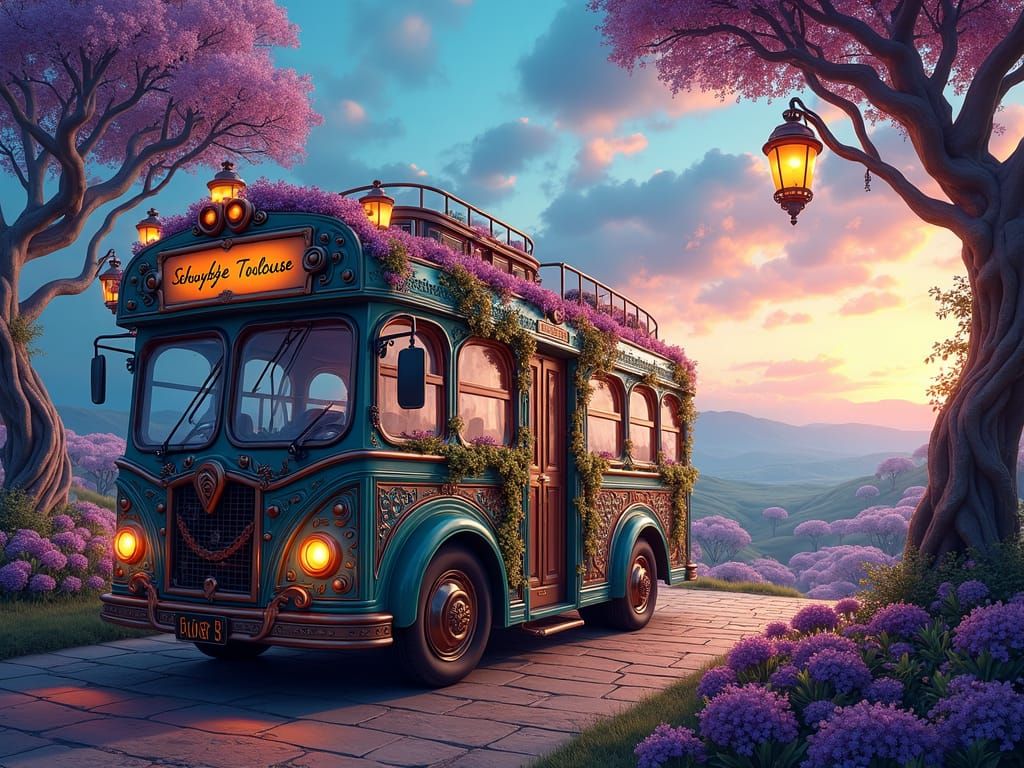 Ornate Bus in Dreamlike Landscape